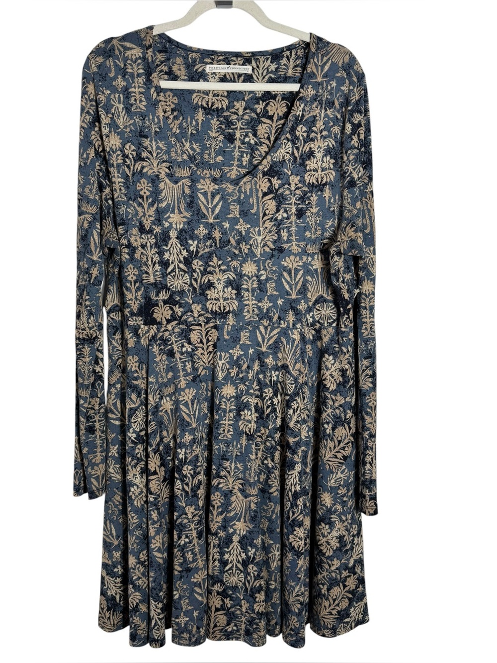 Peruvian Connection Pima Modal Jersey Dress XL Long Sleeve Blue Botanical - Picture 2 of 8